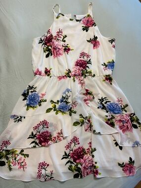 White Floral Tiered Sundress with Pink & Blue Blooms